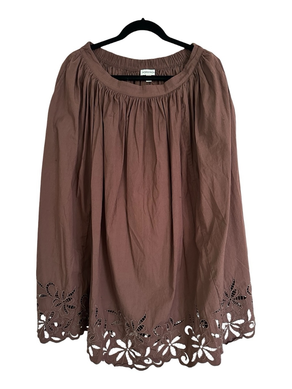 Nordstrom Brown A-Line Midi Skirt with Scalloped Embroidered Eyelet Hem
